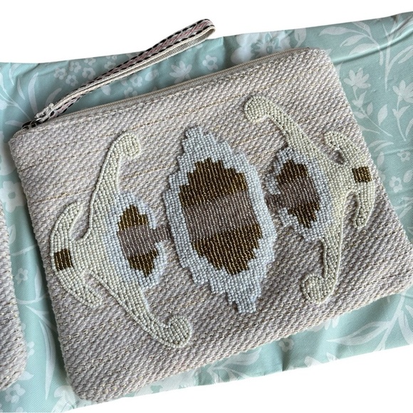 America & Beyond Handbags - America & Beyond Beaded Wristlet & Pouch Set Light Tan